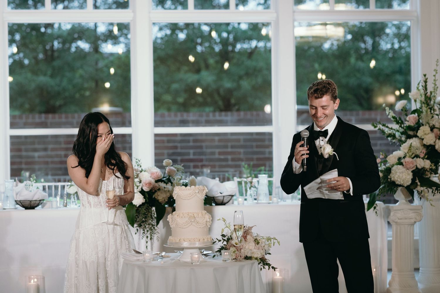A collage of elegant wedding reception moments showing decor, dining tables, and guests in formal attire at an outdoor venue.
