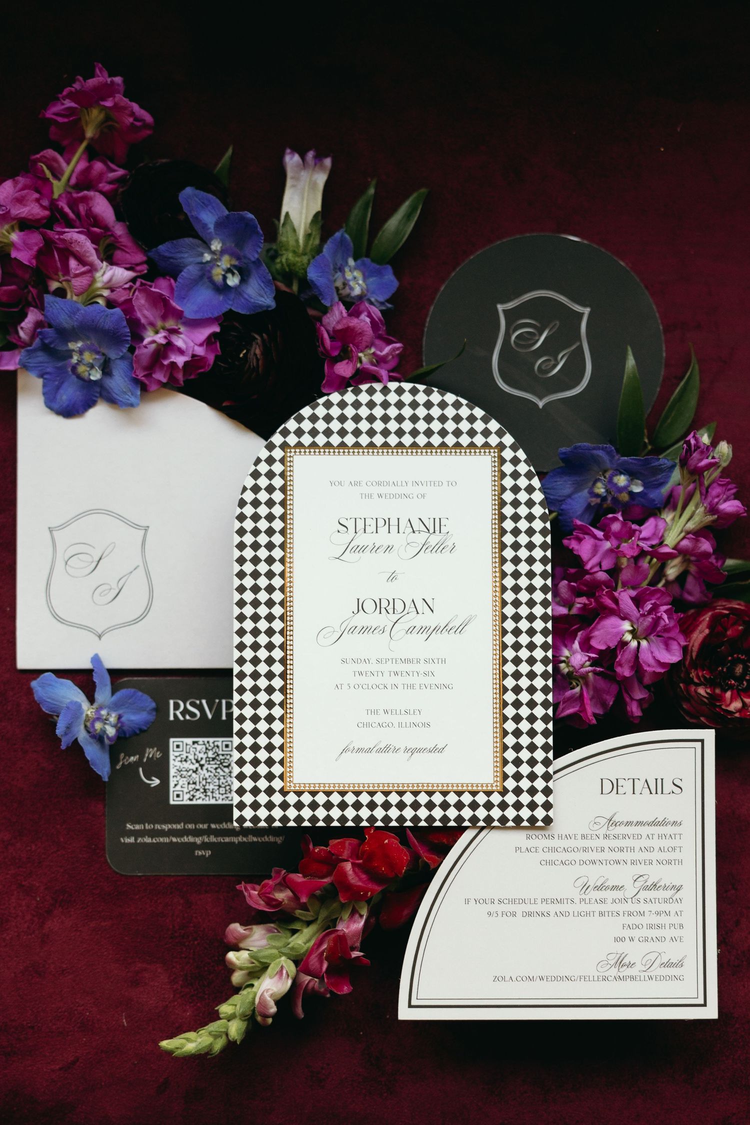 Elegant wedding invitation suite with black and white harlequin border, RSVP card, and details card surrounded by purple and blue flowers.