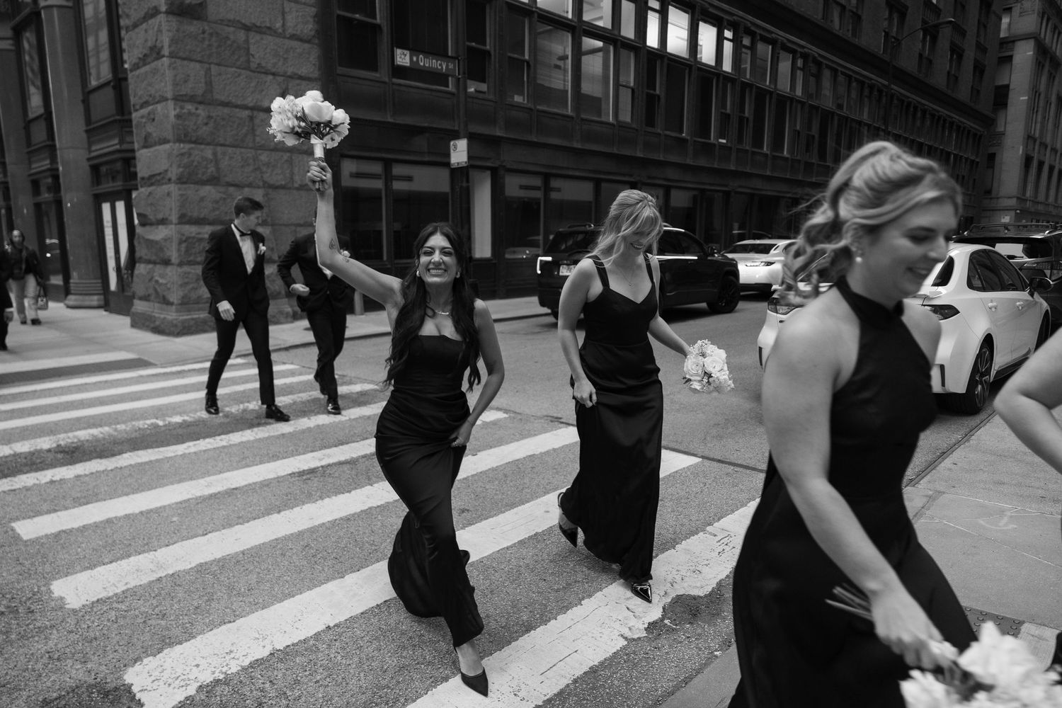 Luxury Chicago wedding photography featuring classic Financial District architecture and black tie wedding style.
