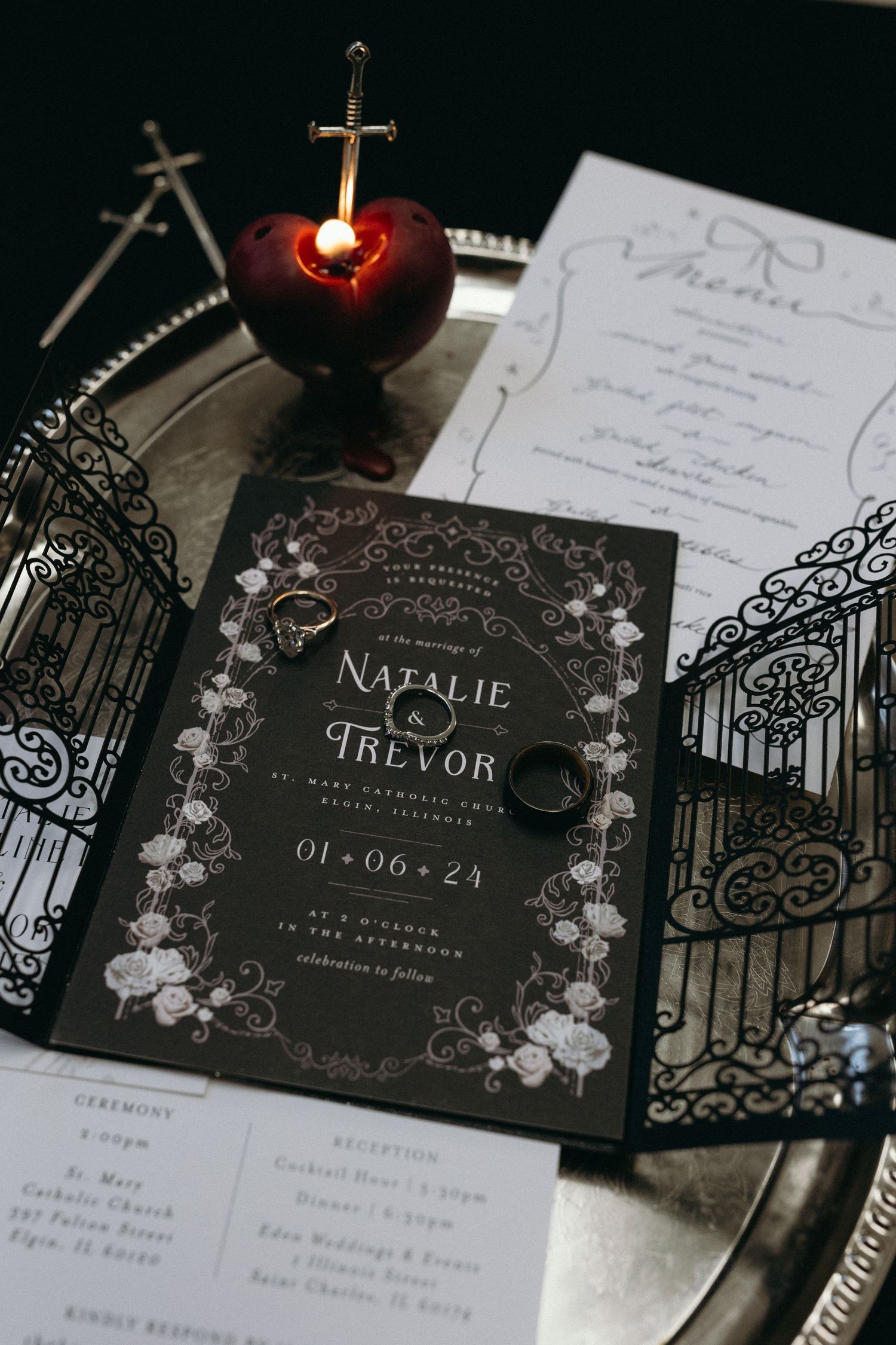 gothic wedding flat lay inspiration. chicago gothic moody and classic wedding photographer