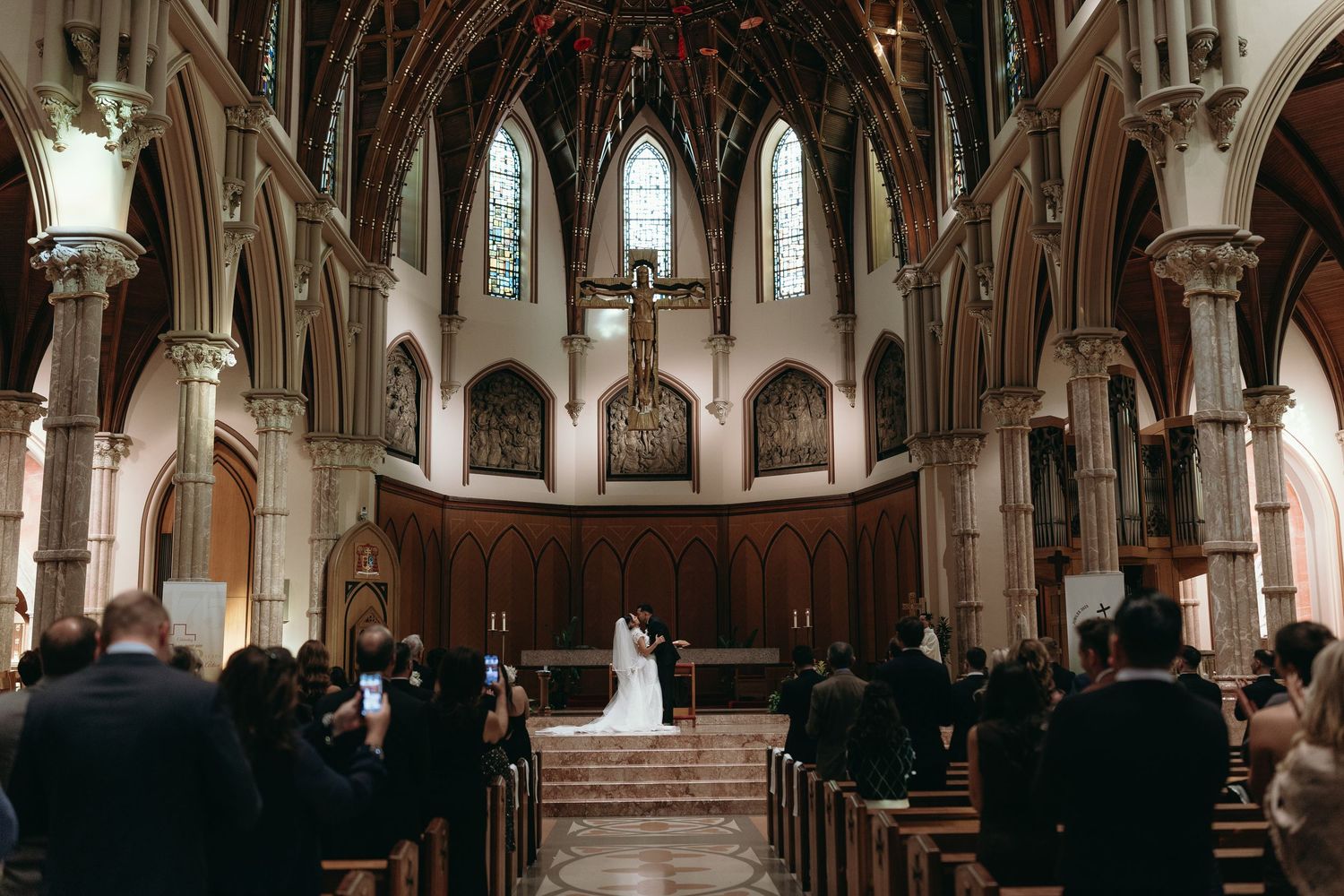 Editorial Chicago wedding photography at Holy Name Cathedral featuring dramatic architecture and timeless Catholic ceremony moments.