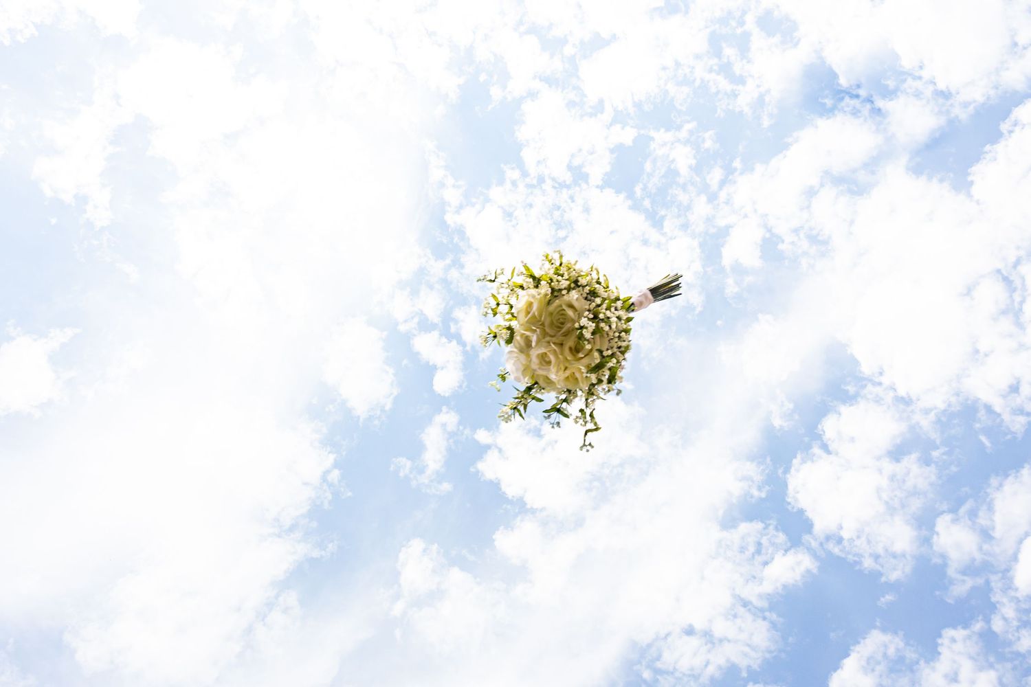 A tiny planet effect showing a green floral bouquet floating against a bright blue sky with white clouds.