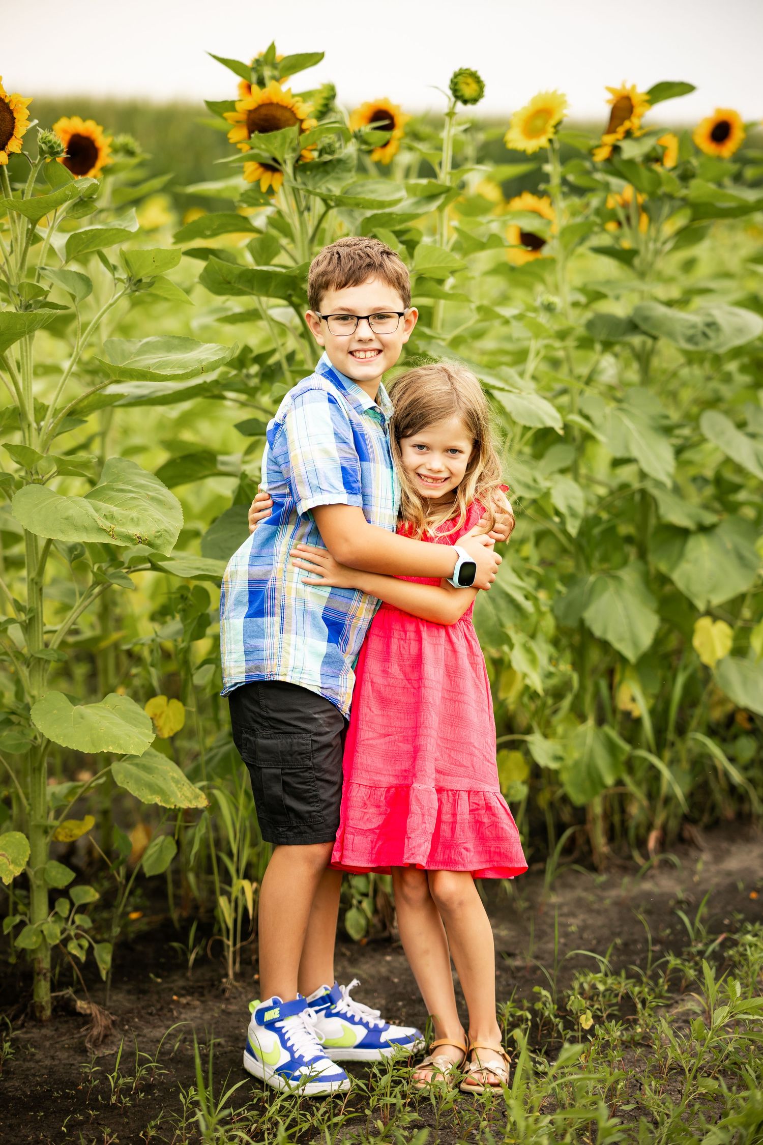 Two young children playing and hugging near blooming sunflower garden.