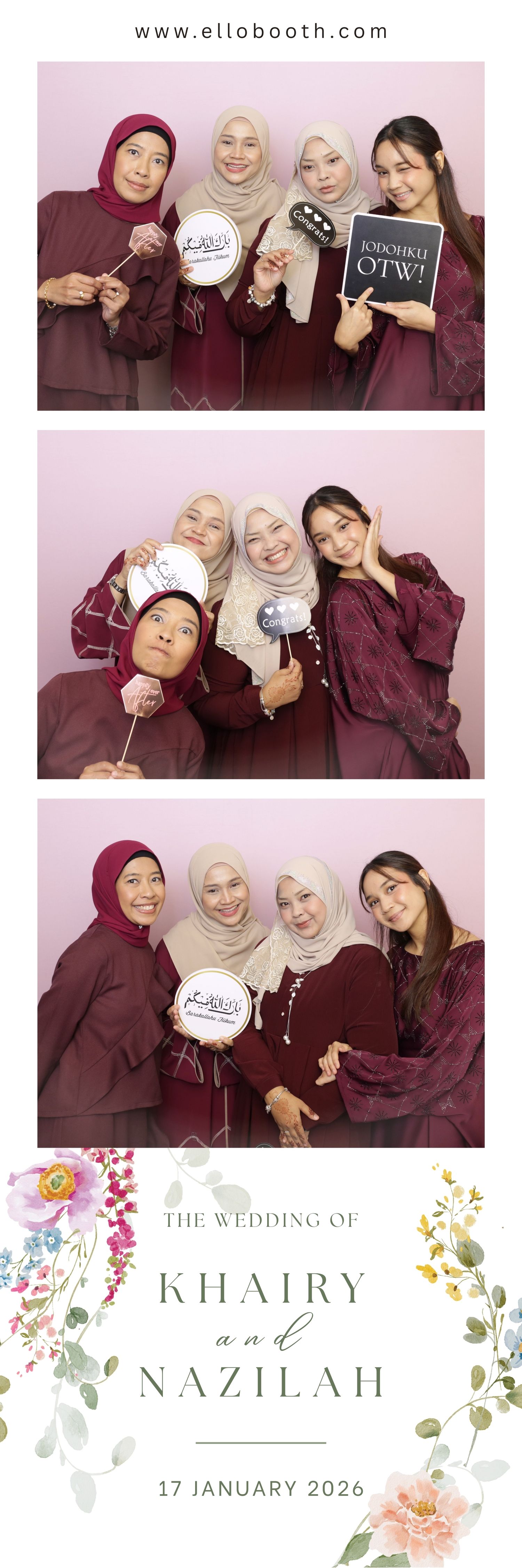 A photo booth strip with four women in burgundy outfits, smiling and holding playful wedding signs against a pink backdrop.
