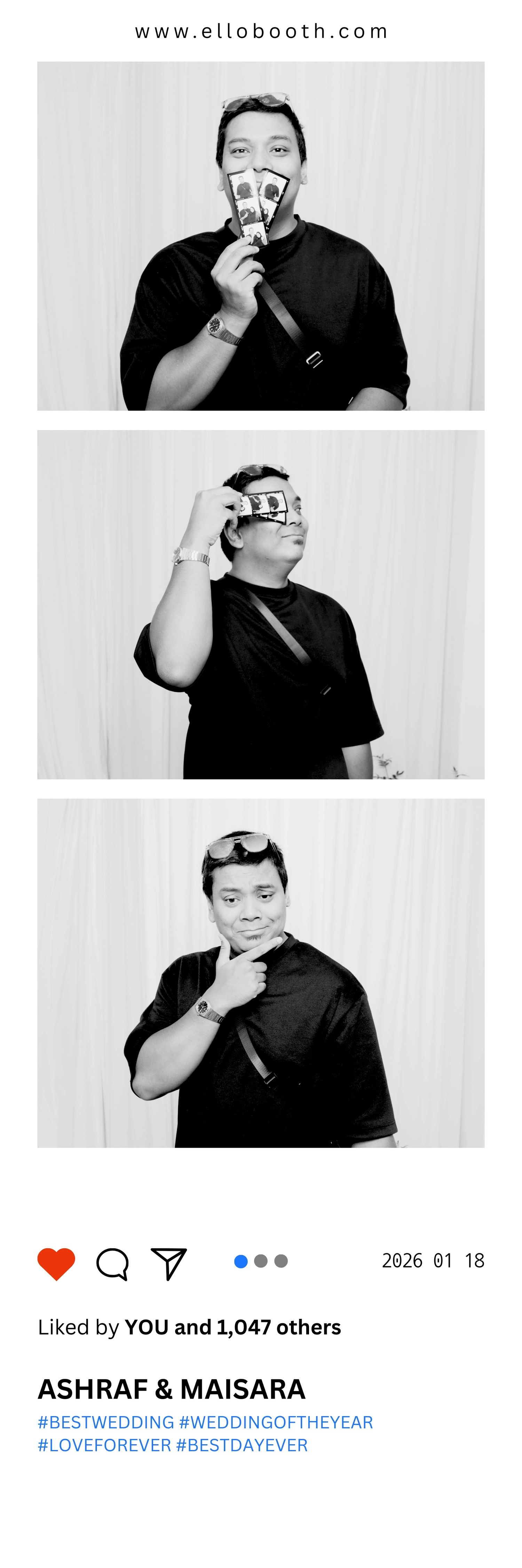 A man poses playfully with props in a photo booth. The three black-and-white images capture him with a fan, mask, and thoughtful expression.