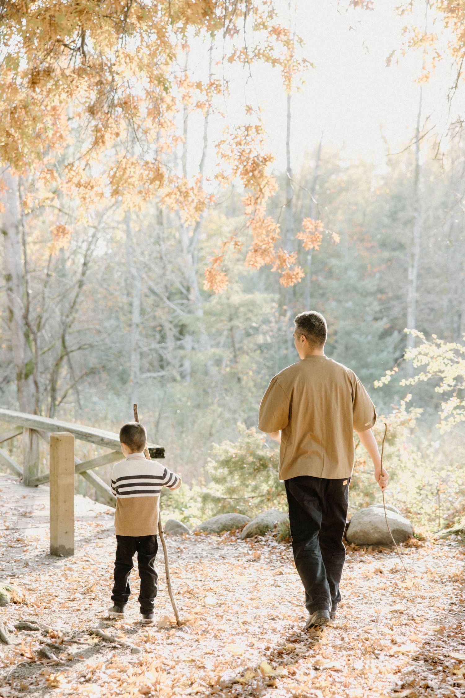 Two figures walk together on an autumn path through sunlit woods with fallen leaves on the ground.