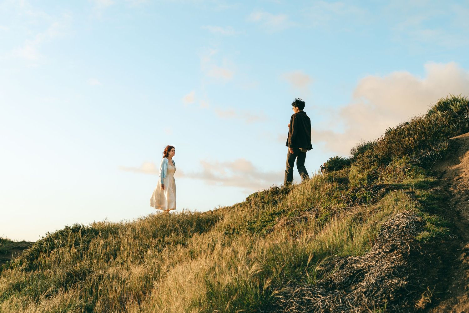 A couple stands on a grassy hillside, woman in white dress and man in black, against a blue sky.