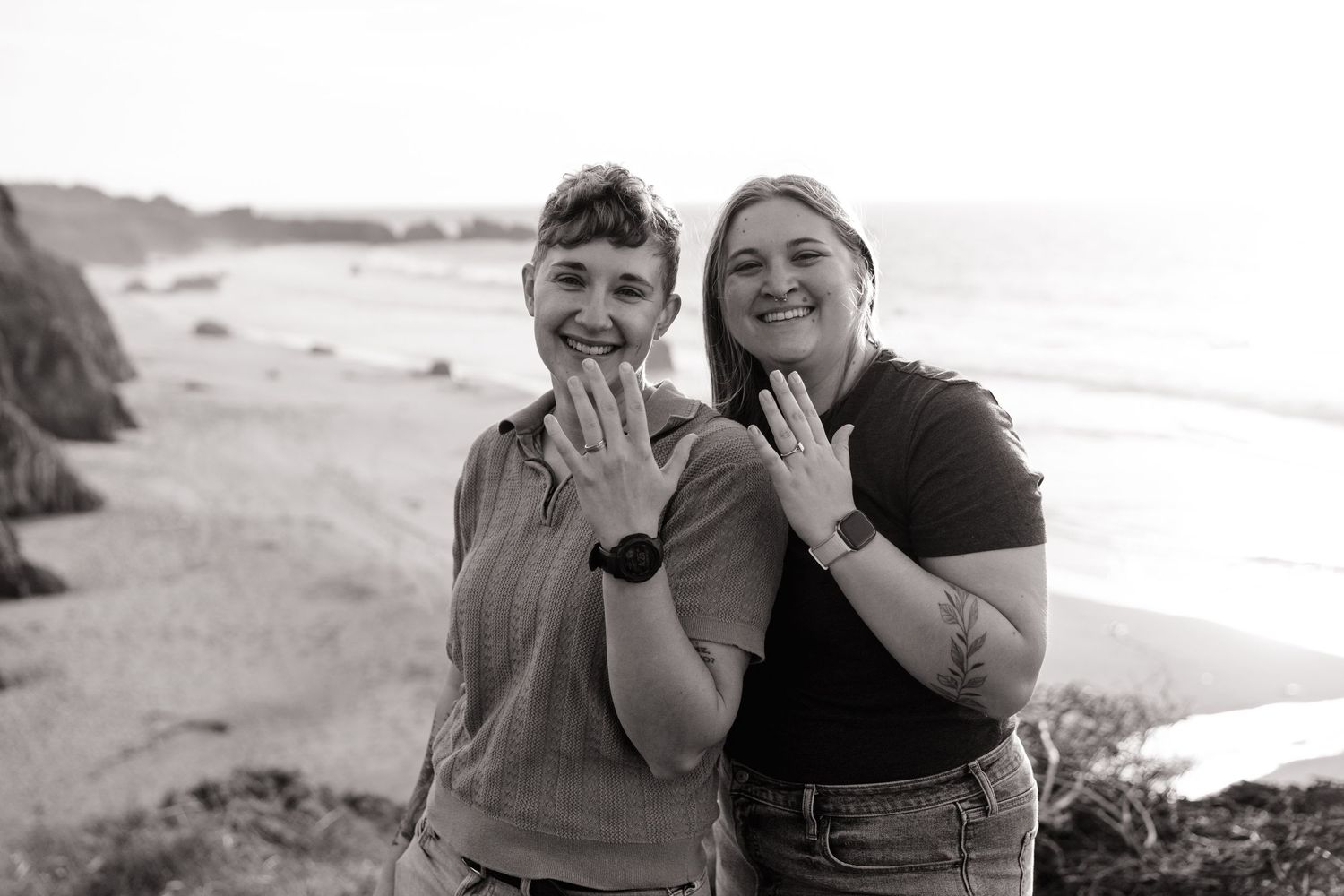 Candid moments of laughter and smiles captured on a sunny beach day.