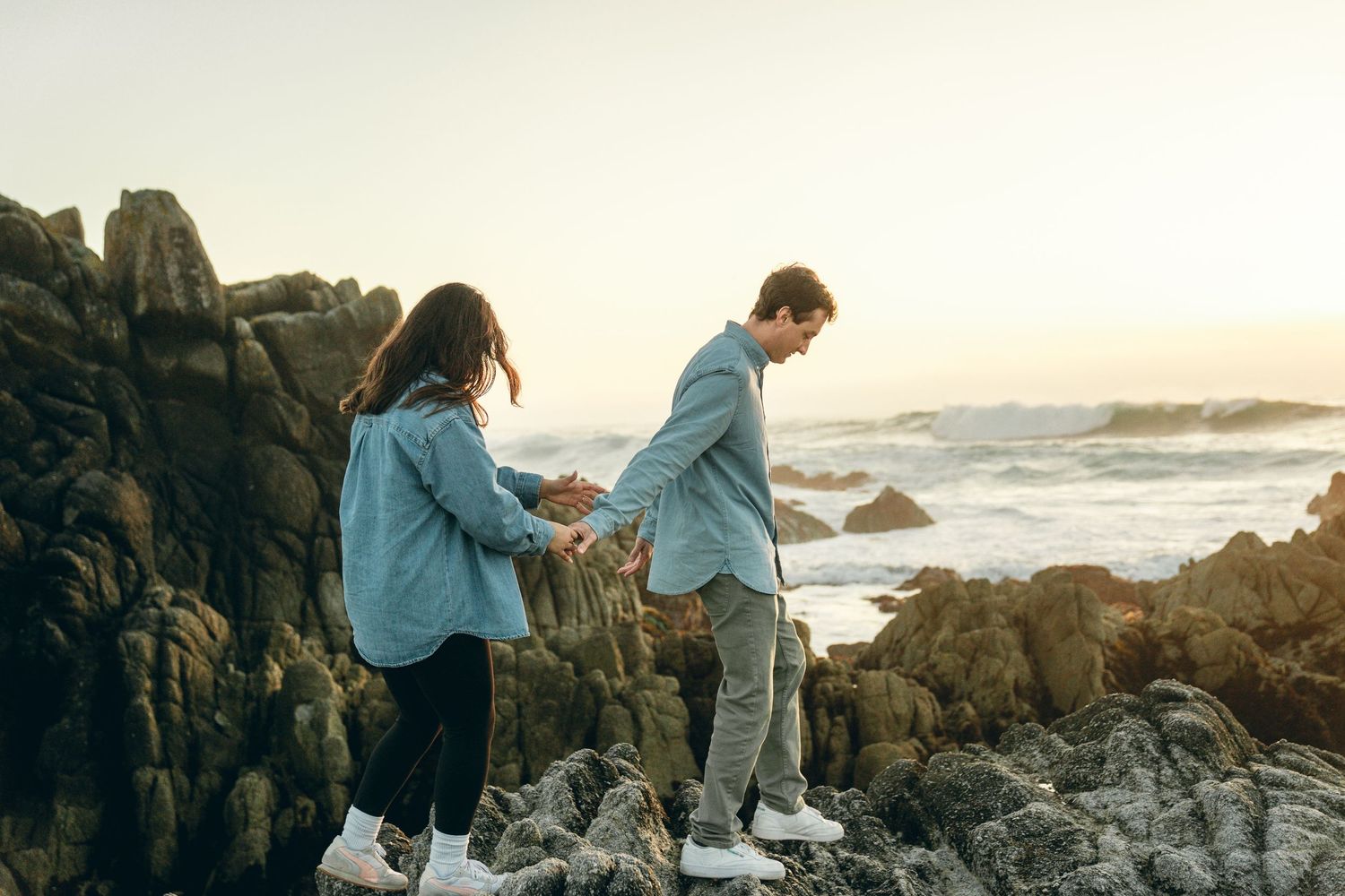 Pacific Grove Engagement photography of couple walking along the tide pools.