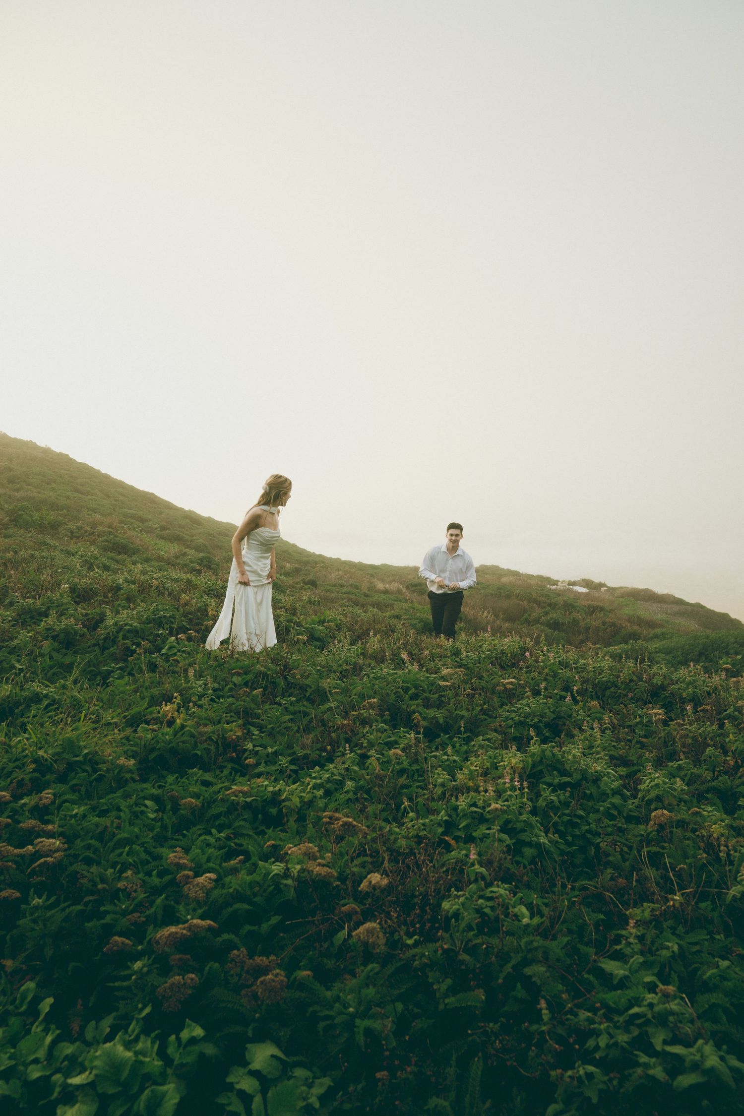 Distant figures standing on a misty hillside covered in wild vegetation.