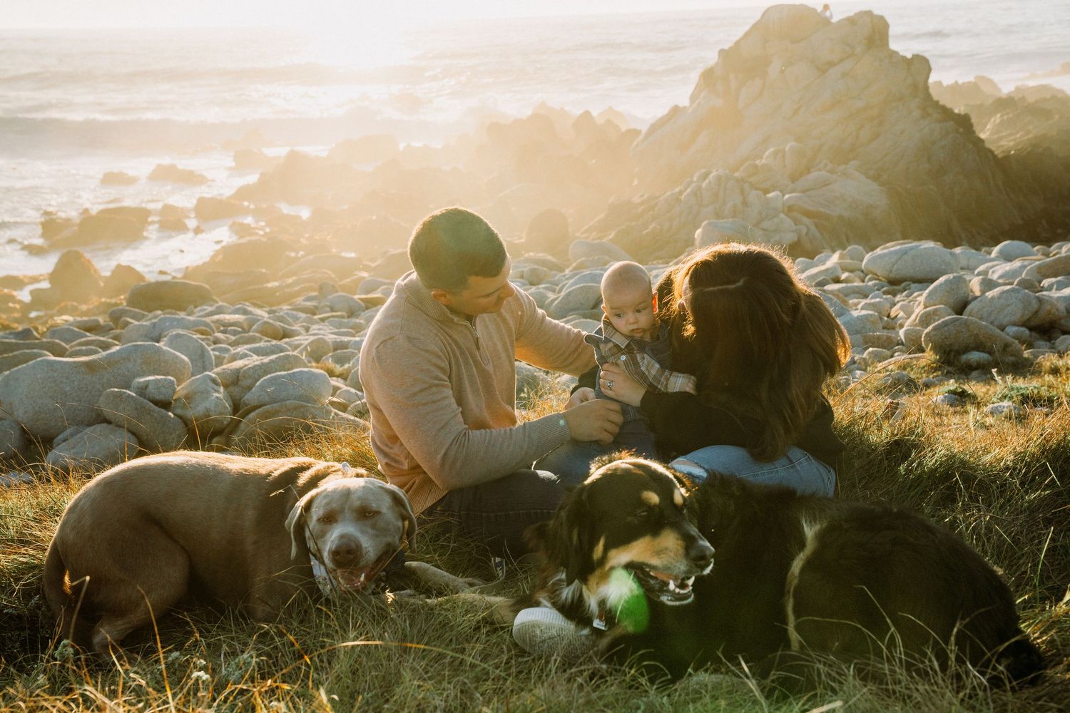 Family playing with their baby at Asilomar in Pacific Grove California.
