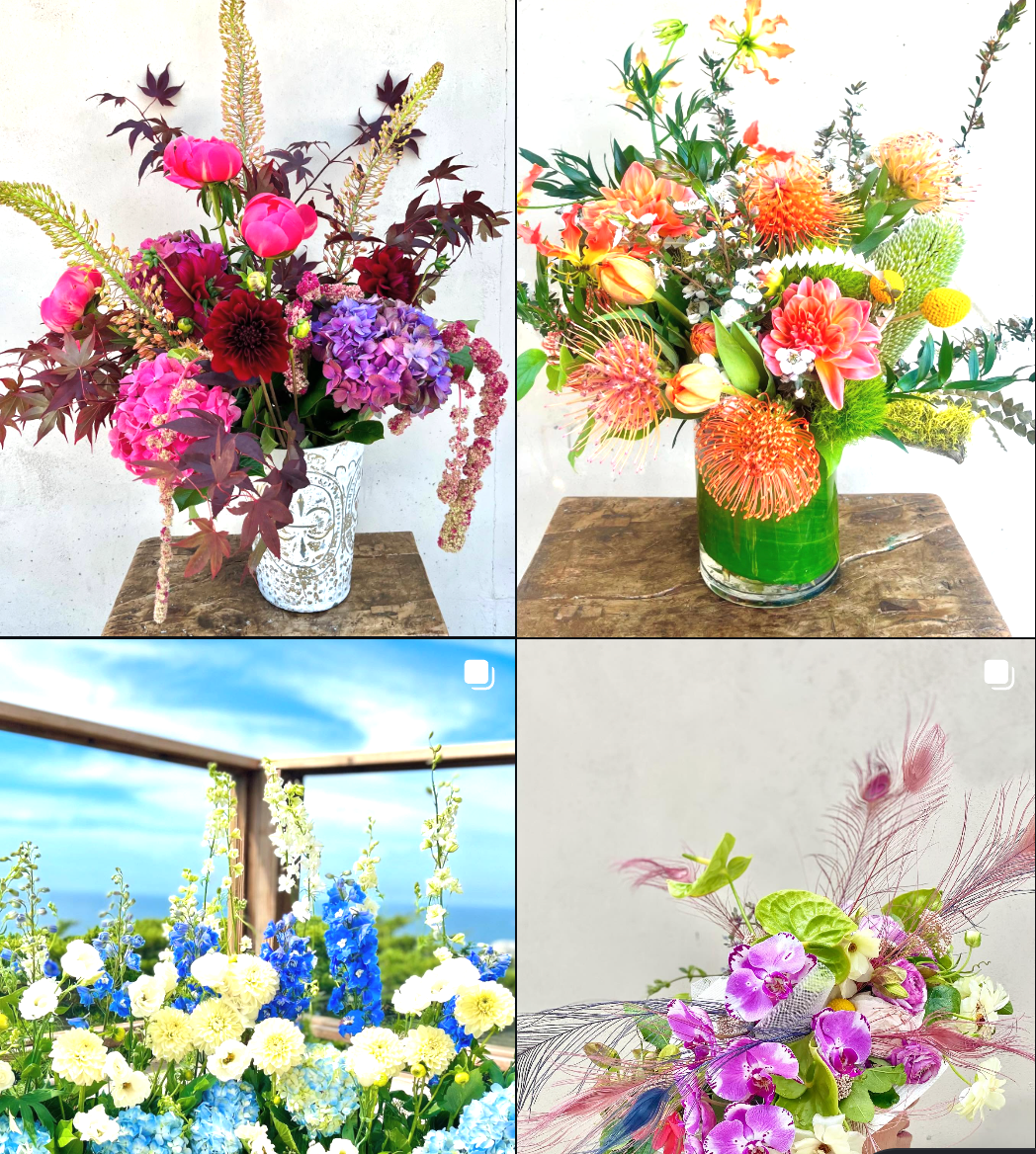 Vibrant floral arrangements featuring pink, orange, purple, and blue blooms in rustic vases against natural backgrounds.