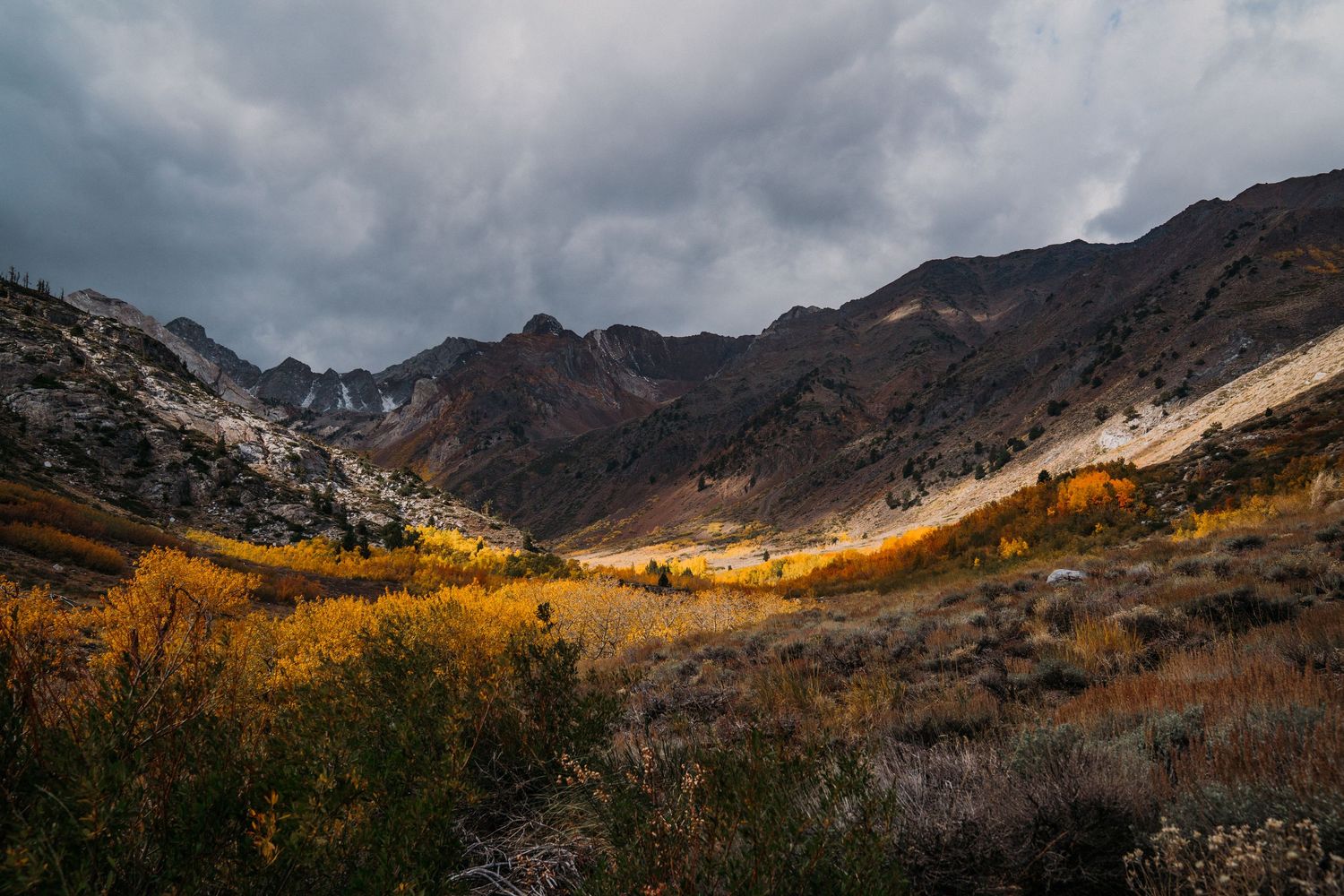Panoramic view of rugged mountain peaks with autumn foliage and dramatic cloudy skies in the wilderness.