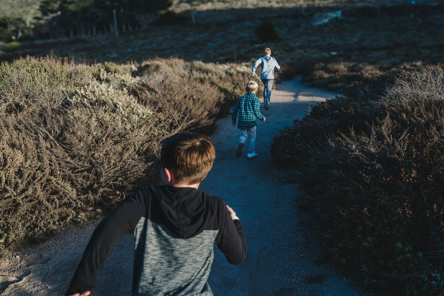 People walking along a scenic coastal trail with dry brush and ocean views at sunset.