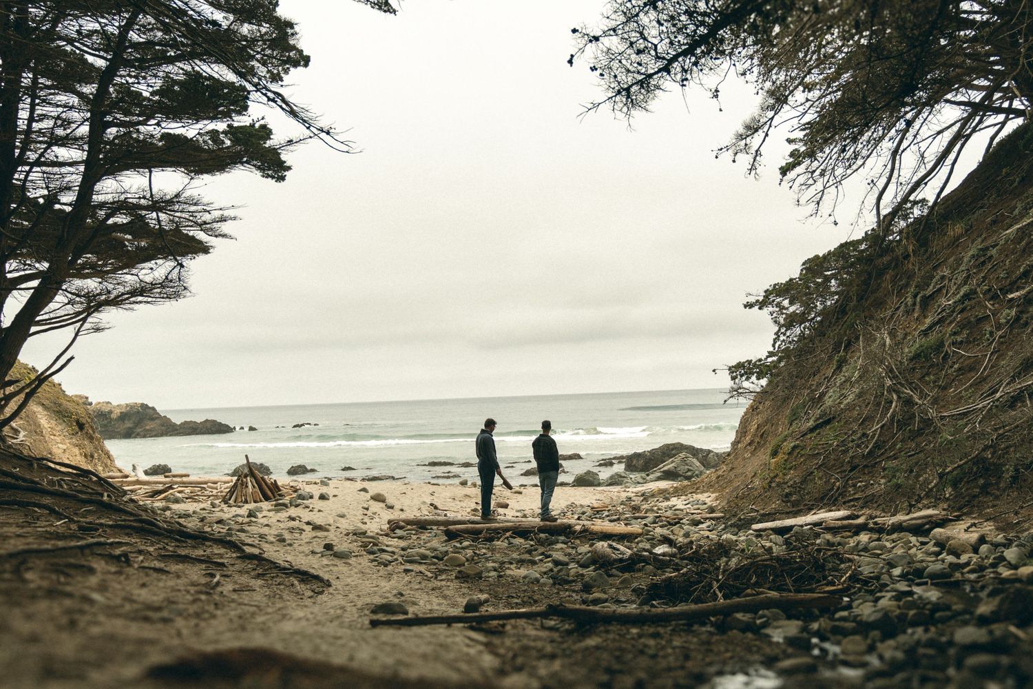 Two silhouettes stand on a rugged beach cove surrounded by pine trees and rocky cliffs along a misty coastline.