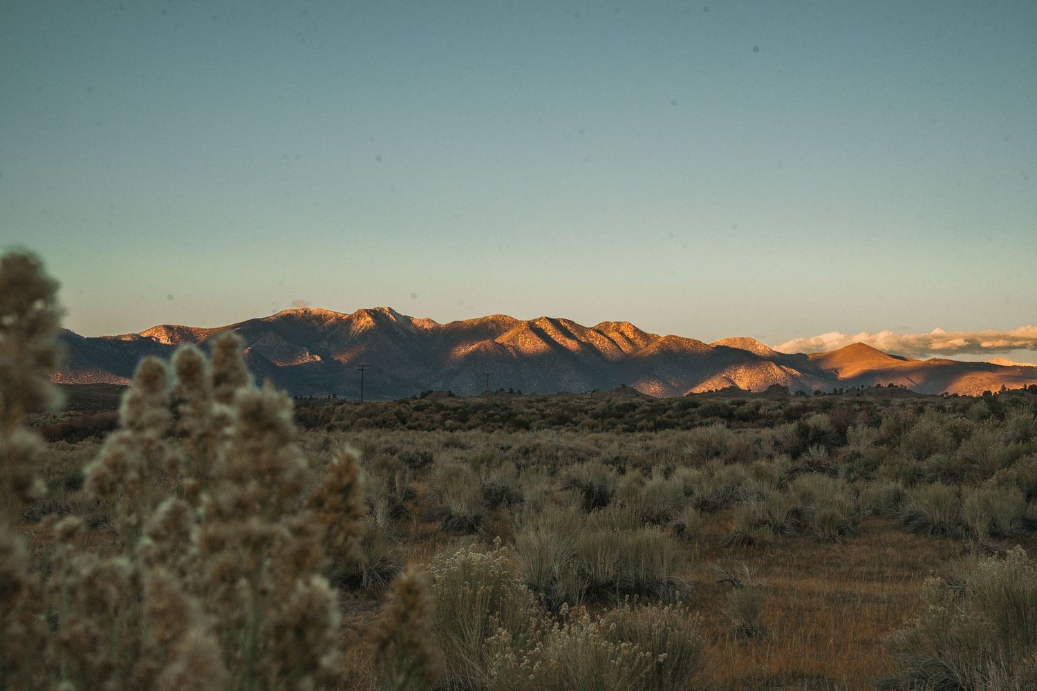 Golden sunlight illuminates mountain peaks across a desert landscape with sagebrush in the foreground at dusk.