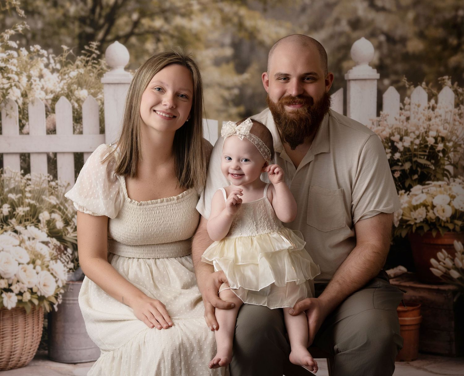 A smiling family with a bearded father, mother in white dress, and baby girl in cream outfit posing for a portrait.