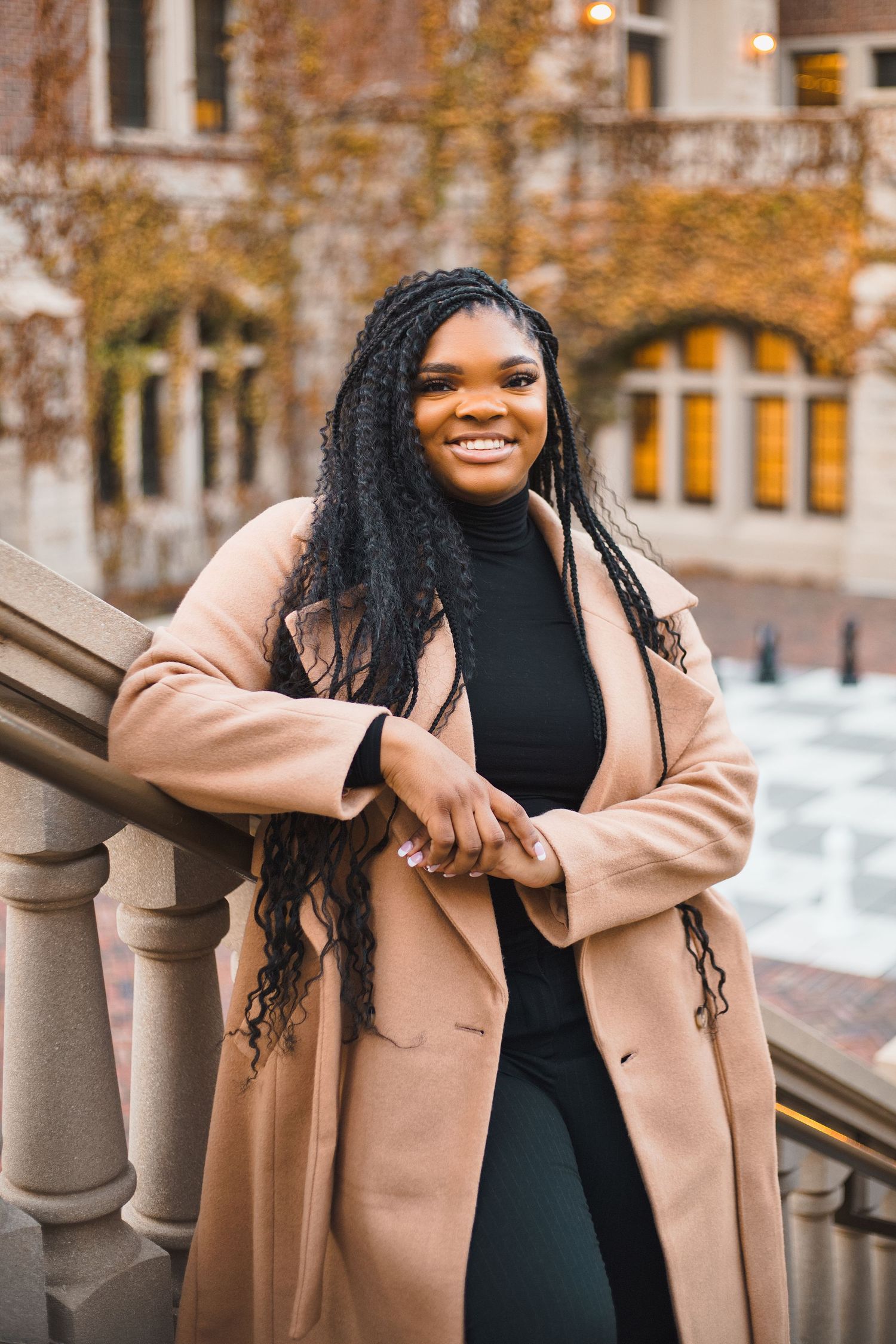 best senior portrait photographer in Madison, WI academic vibes epic systems Verona, Wisconsin long trenchcoat fall autumnal architecture