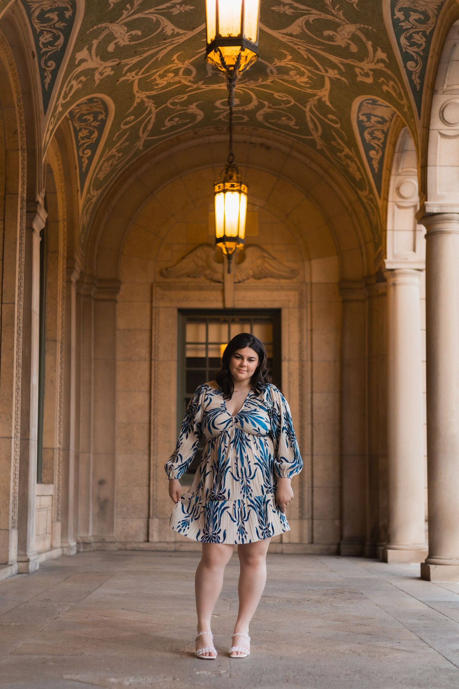 best senior portrait photographer in Madison, WI downtown UW Campus Memorial Union unique architecture location pretty dress yearbook photos