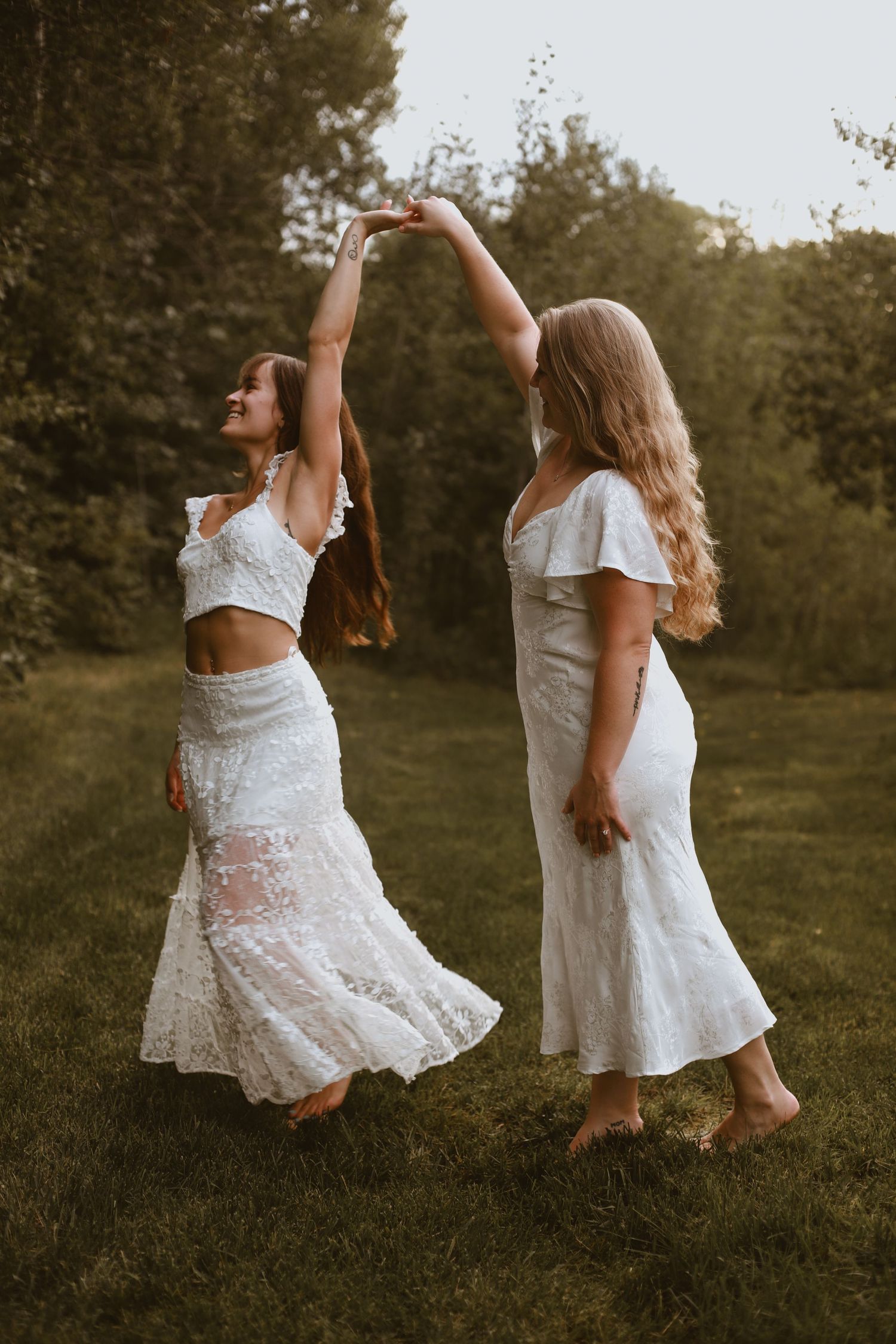 bride and bride wedding portrait, candid, dancing