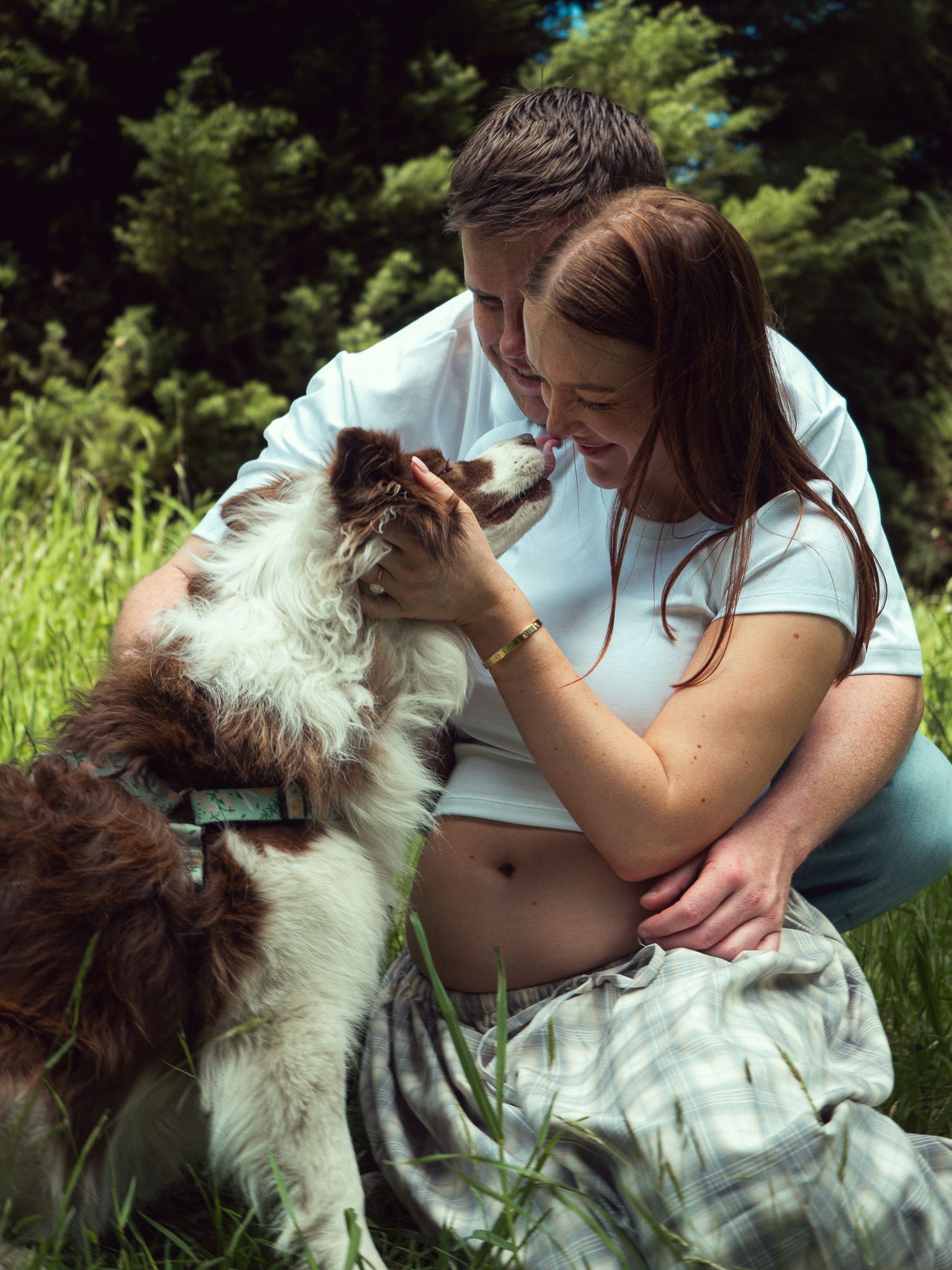 A fluffy dog lovingly interacts with an expectant mother and companion outdoors in a natural setting.