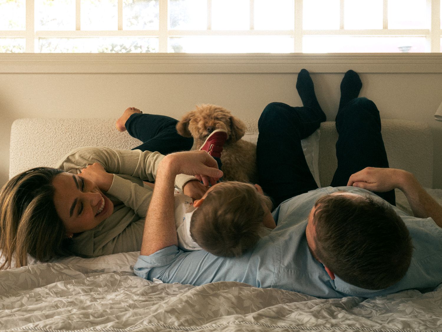 A family lying down together in a relaxed pose having fun playing on a bed with the family dog in Melbourne.