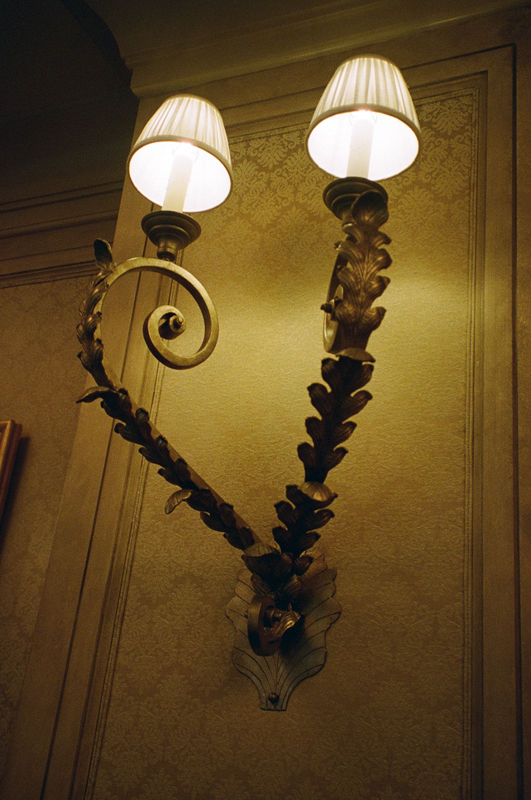 Vintage-style wall sconces with ornate details cast warm lighting on textured walls.