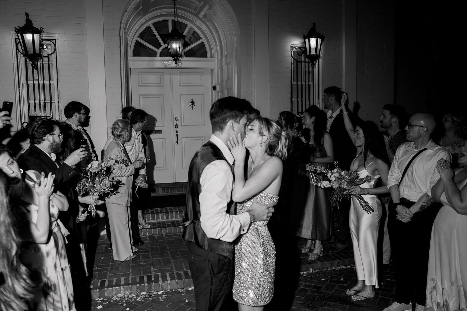 Black and white photo montage showing couples dancing at a formal event in an elegant indoor venue.