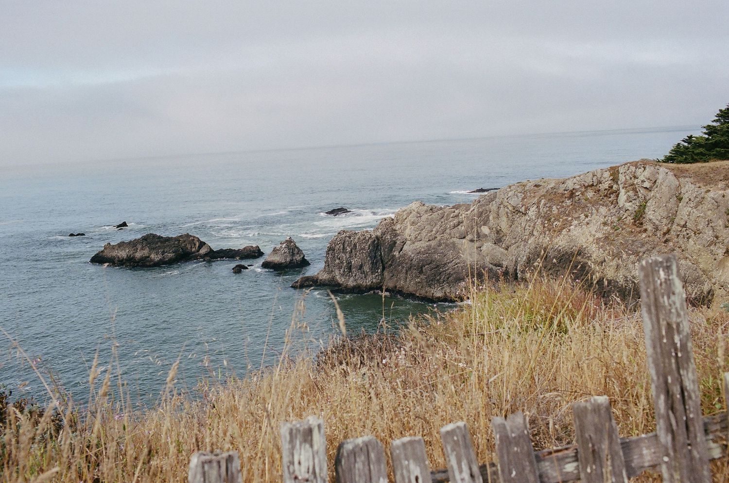 Rocky coastal cliffs overlooking a calm blue ocean with sea stacks, dry golden grass, and a weathered wooden fence under overcast skies.