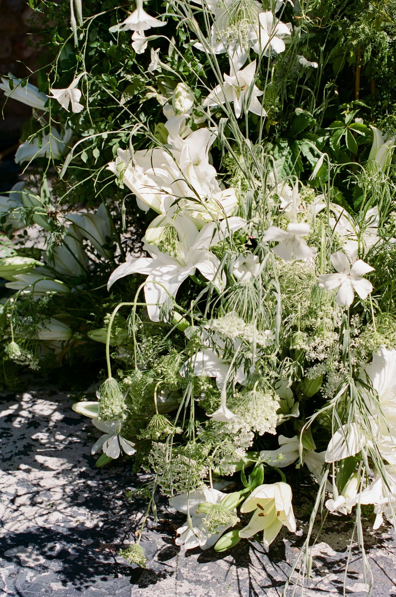 Lush white floral arrangement with lilies and Queen Anne's lace against green foliage in bright sunlight.