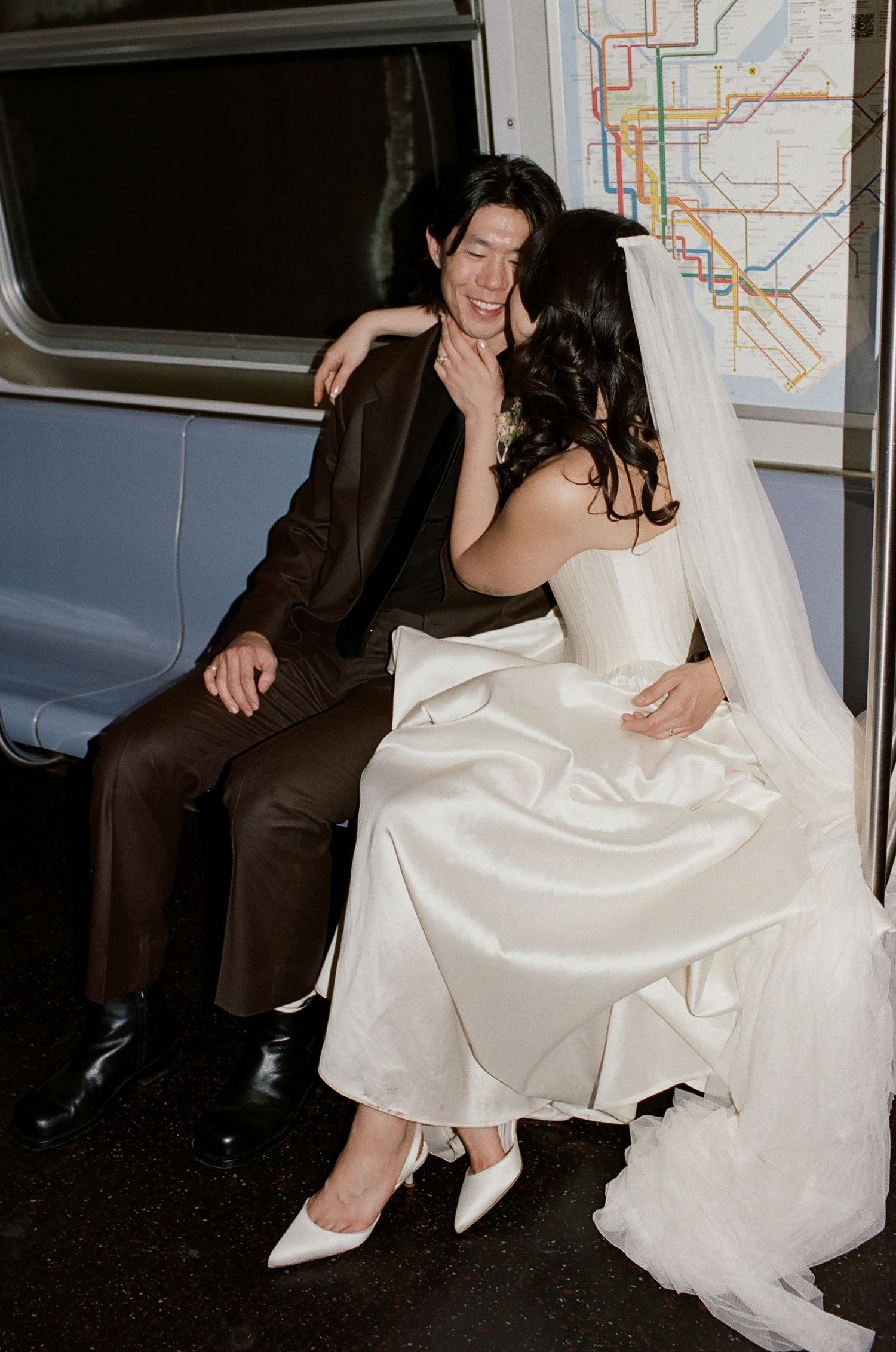 A series of candid wedding photos showing a couple sitting together in what appears to be a subway car.