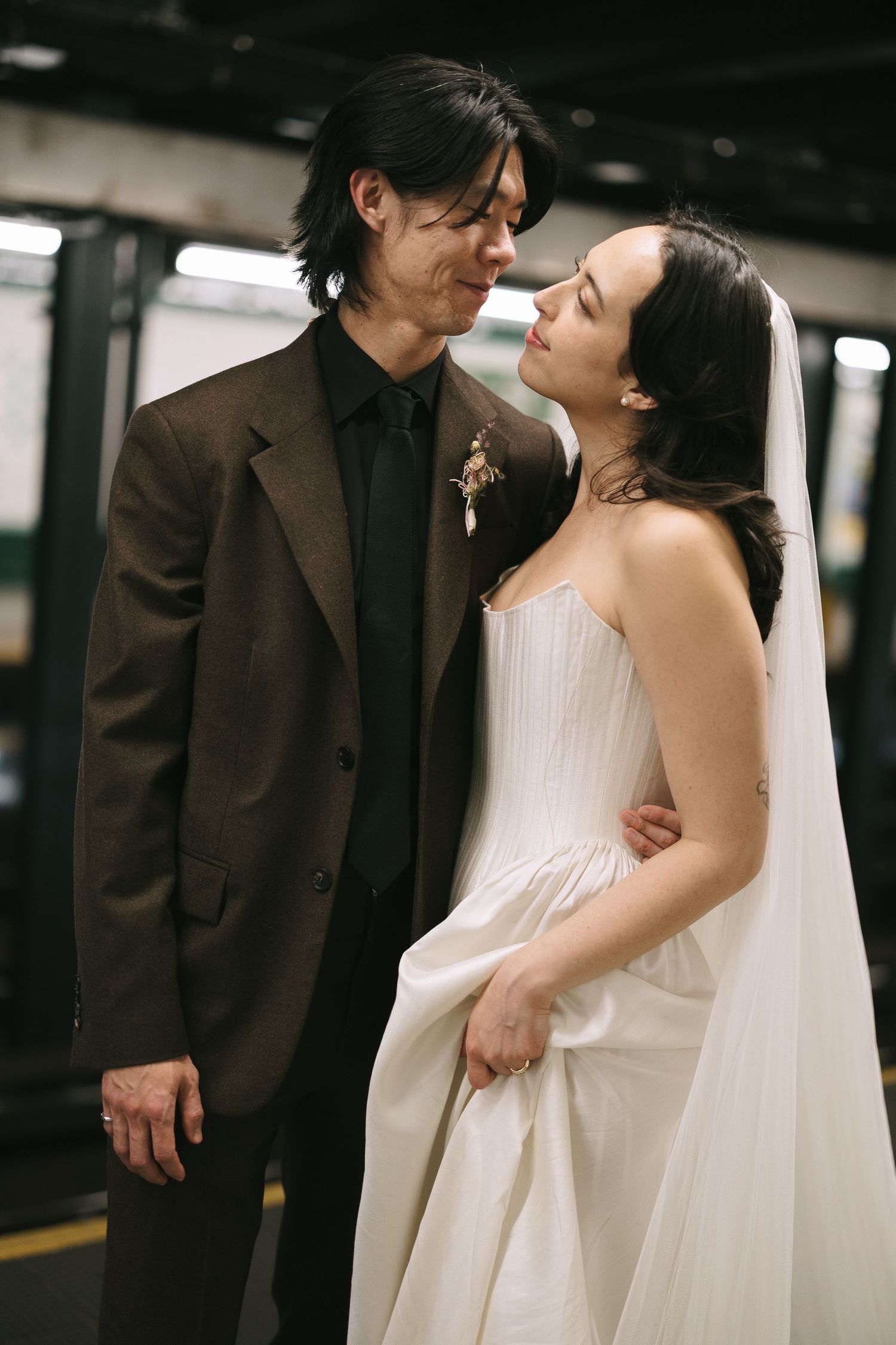 Romantic wedding couple shares intimate moments in a series of candid photos.