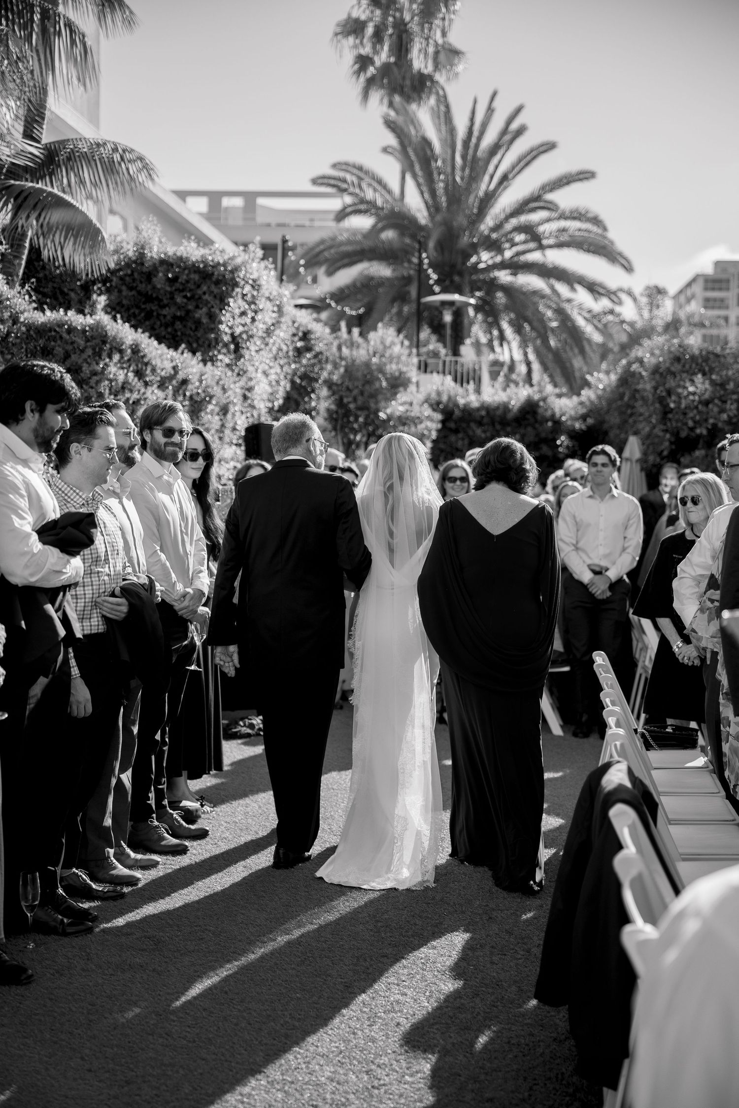 Wedding guests form a receiving line outdoors with palm trees and elegant decor in the background.