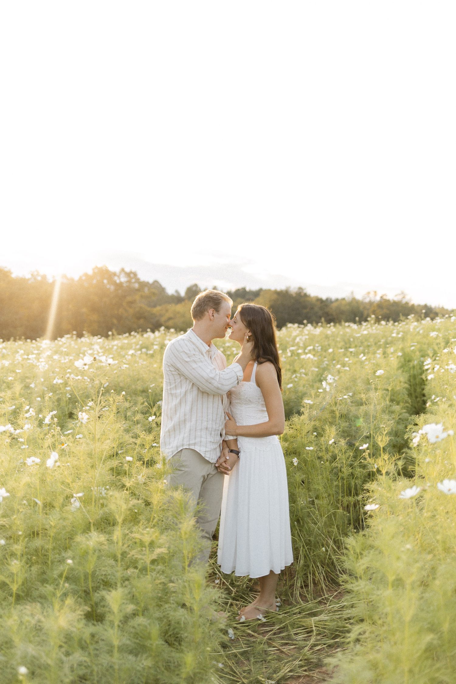 Intimate moment shared between couple in blooming wildflower field at sunset during engagement session with photographer in North Carolina.