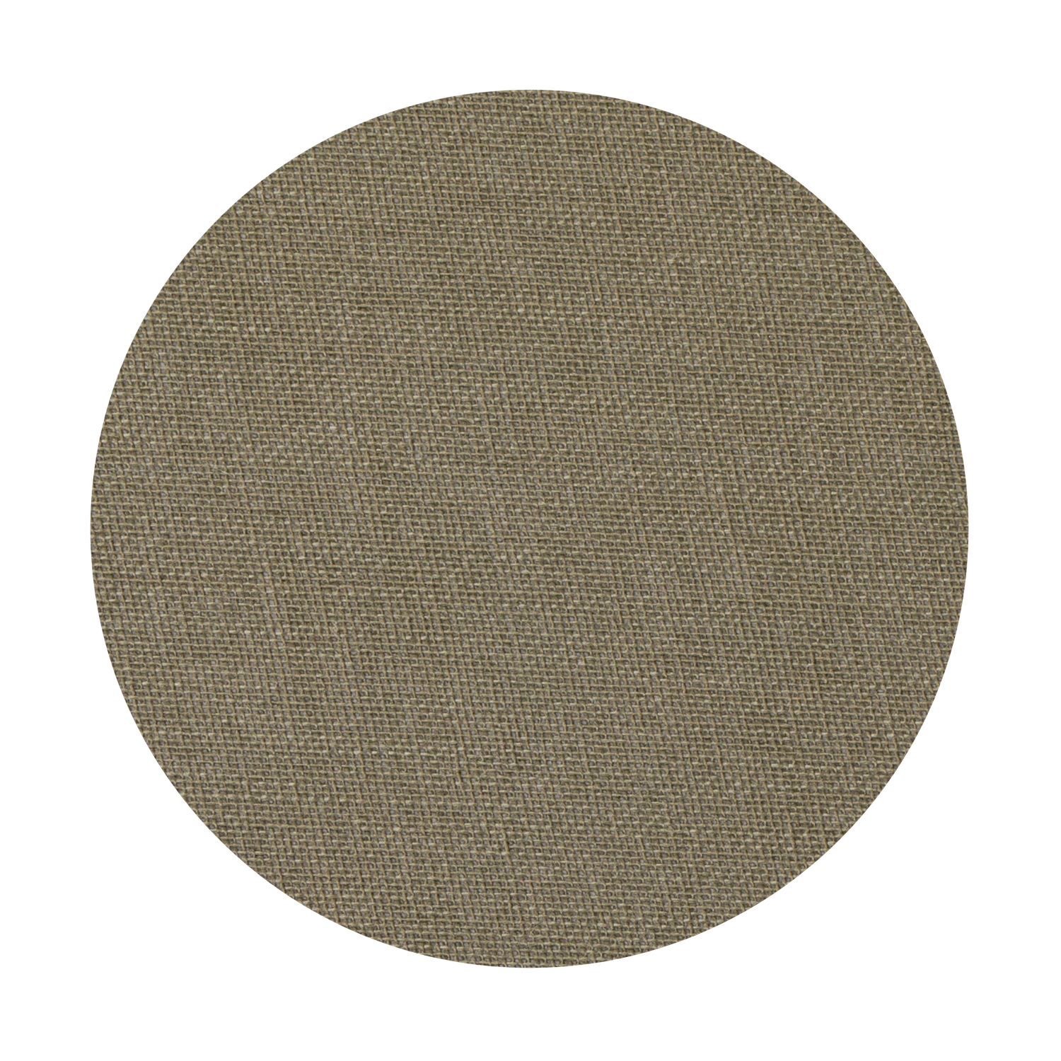Oval shaped tan linen fabric swatch displaying natural woven texture.