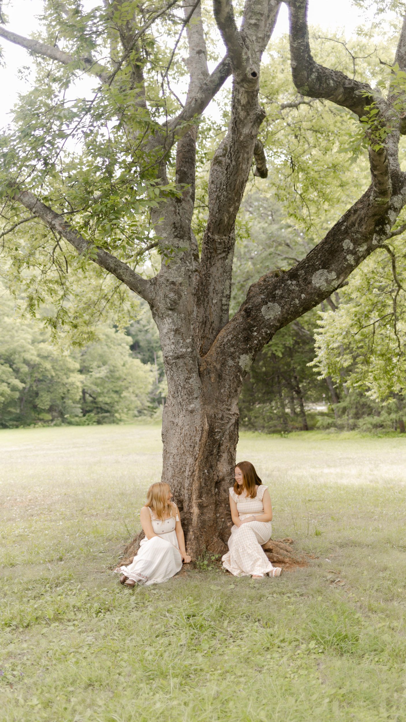 Two people in light dresses rest against a large tree trunk in a serene meadow in Durham, North Carolina photoshoot.
