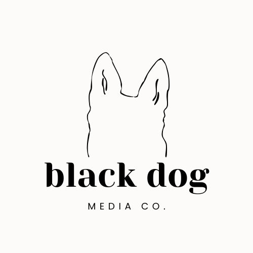 Clean white logo design for Black Dog Media Co featuring minimal dog outline against light background.