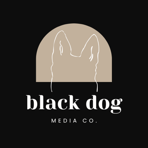 Minimalist logo design for Black Dog Media Co with dog silhouette on beige background.