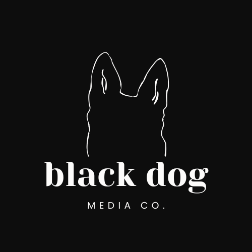 Dark version of Black Dog Media Co logo with white text and dog silhouette on black background.