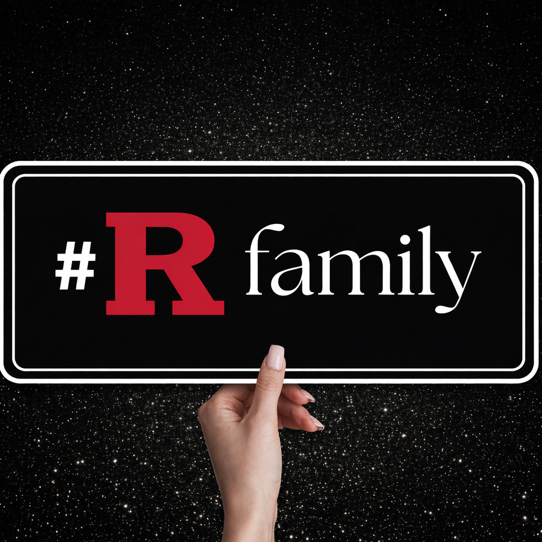 Black backdrop with illuminated text showing '#R family' branding.