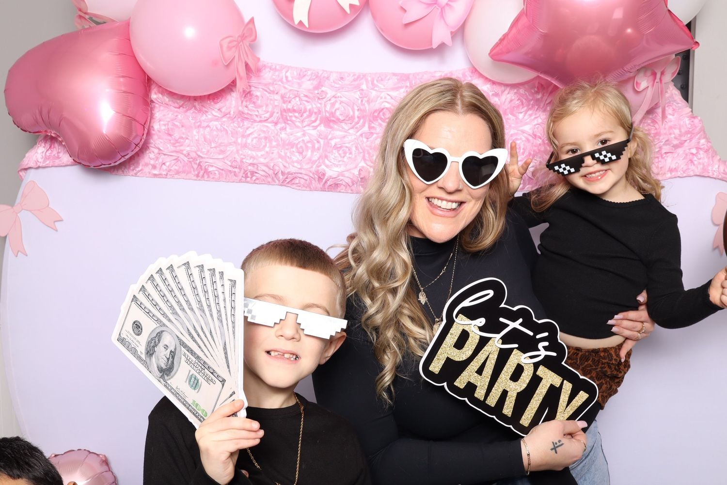 Photo booth sequence showing festive celebrations with props and decorations.