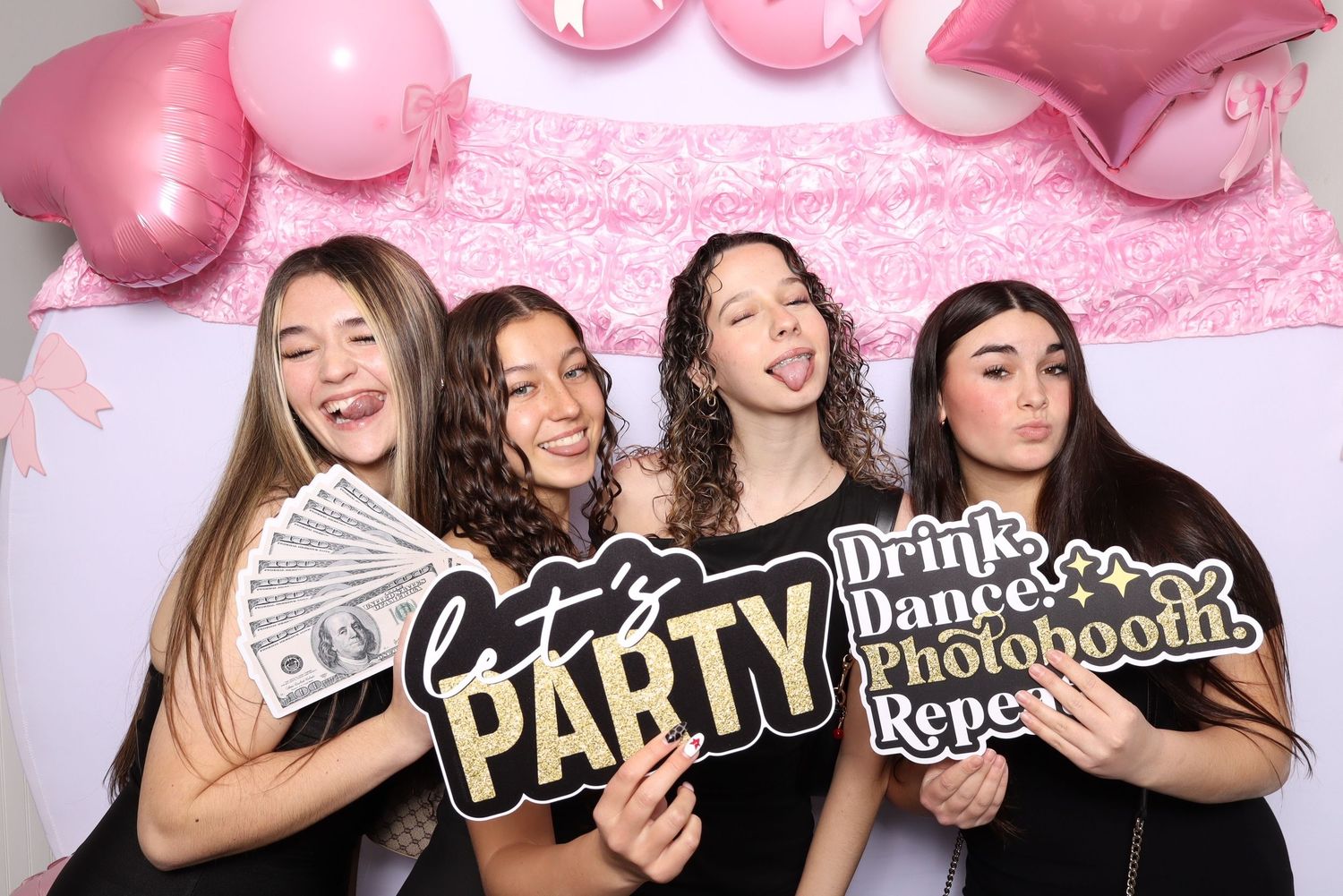Photo booth sequence with party props and pink balloon decorations.