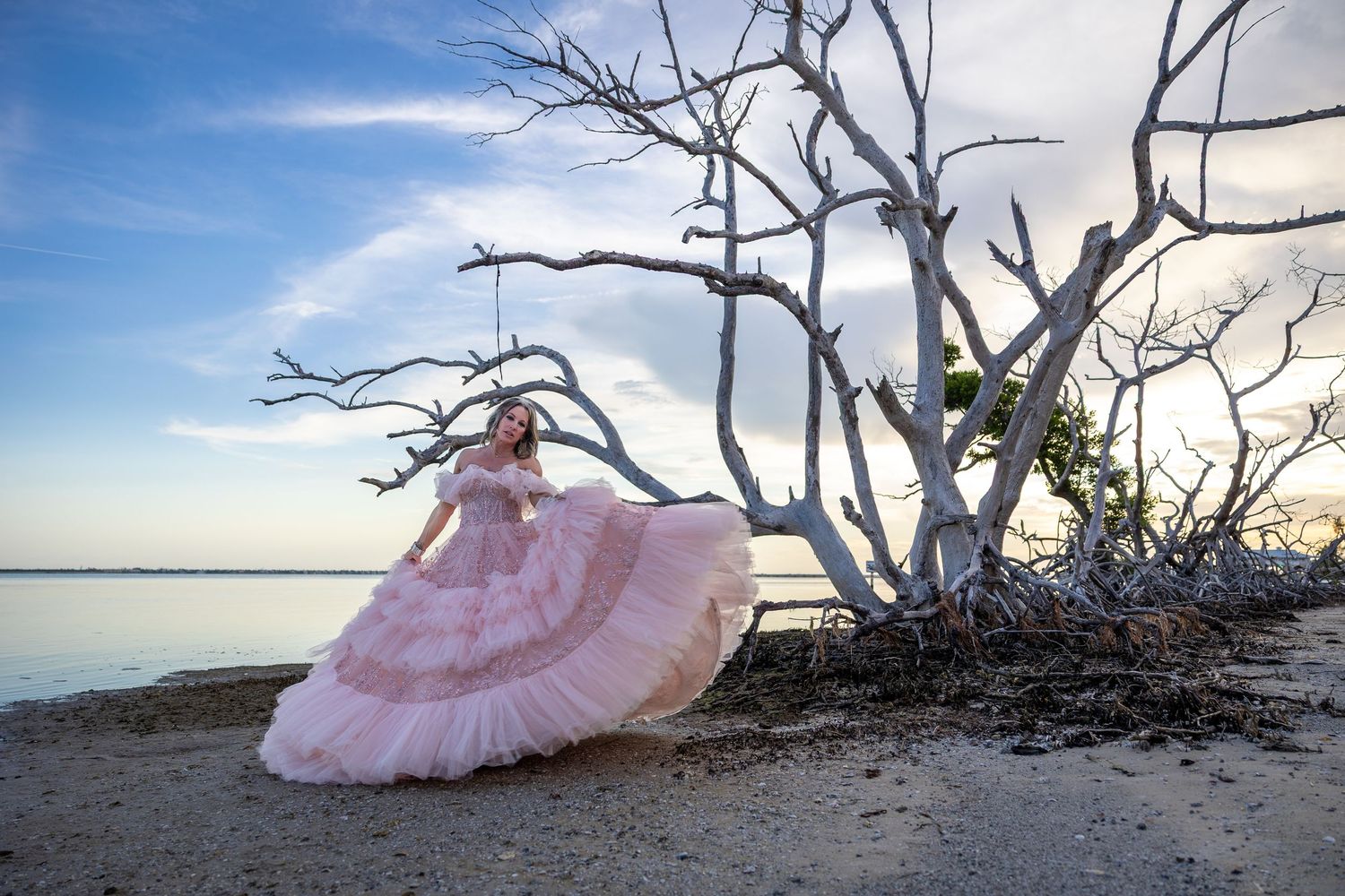 Woman in pink ball gown poses by driftwood on a sandy beach at sunset with calm water in the background.
