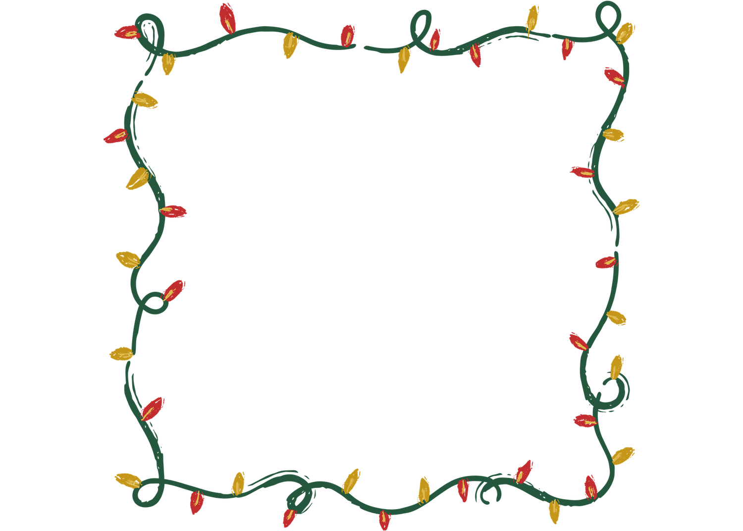 Festive Christmas string lights border frame with colorful red and yellow bulbs on green wire.