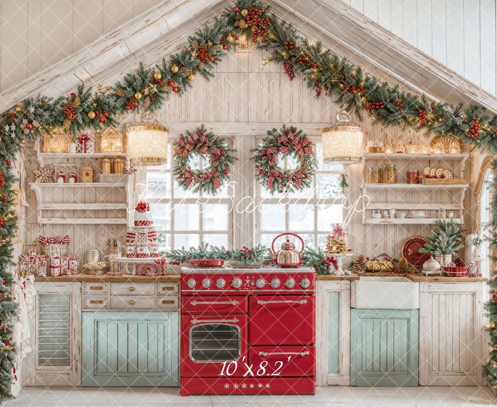 Festive Christmas kitchen backdrop with red stove, holiday wreaths, garland, and decorated shelves, 10x8.2 ft.