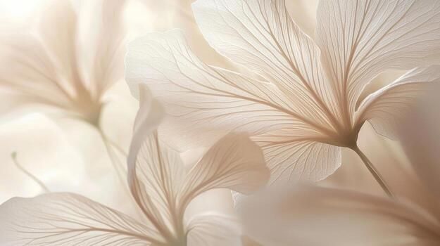 Soft white floral petals with delicate veins in an ethereal, dreamy close-up background.