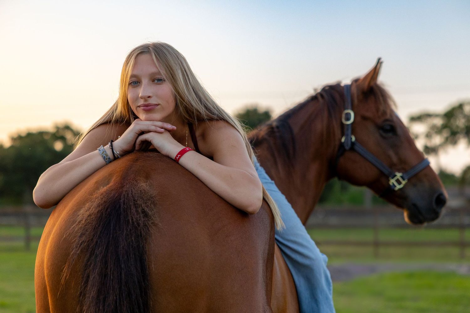 Young blonde girl leaning on a brown horse in a sunny outdoor paddock at golden hour. Senior photo session.
