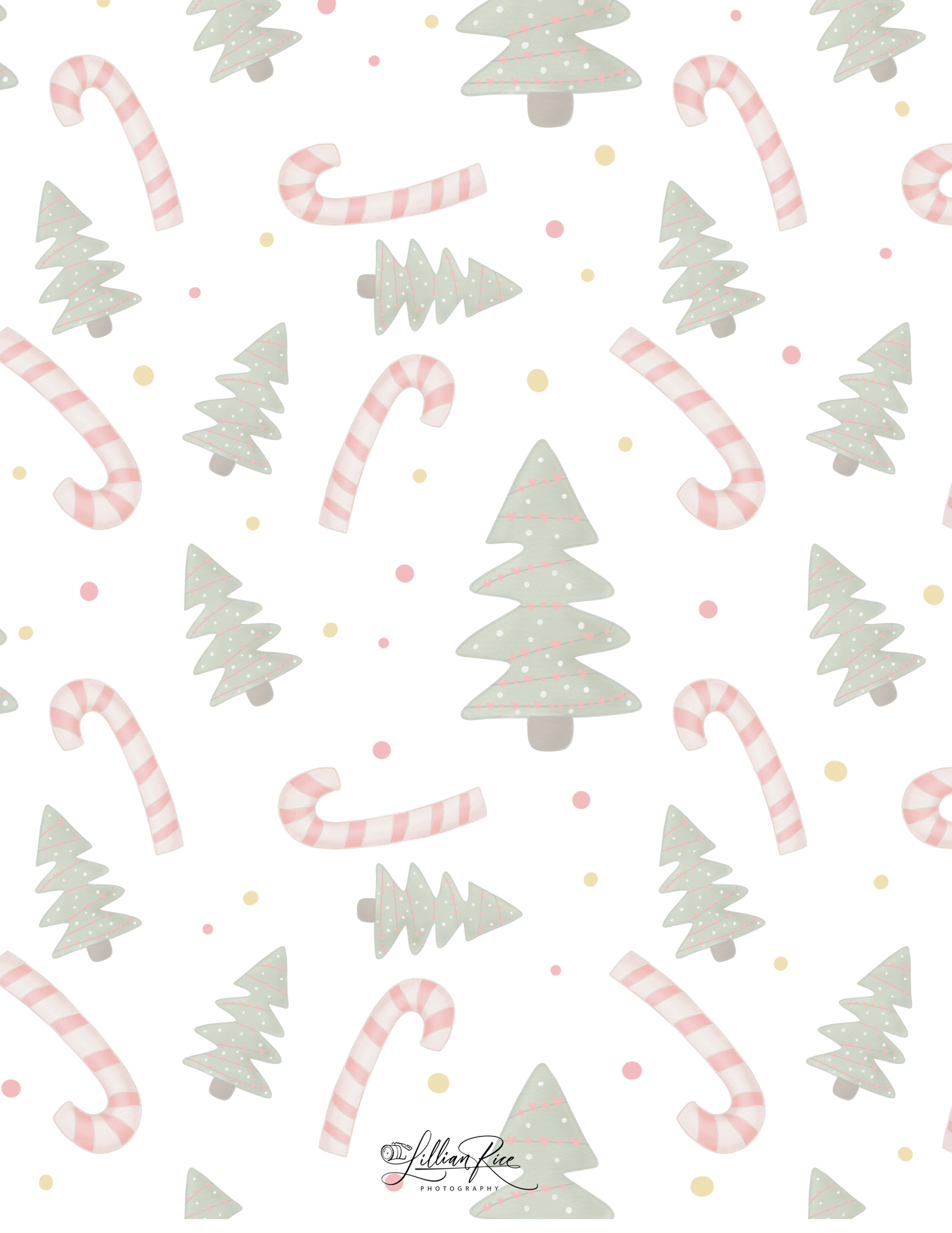 Soft pastel Christmas pattern with sage green trees, pink candy canes, and colorful dots on white background.