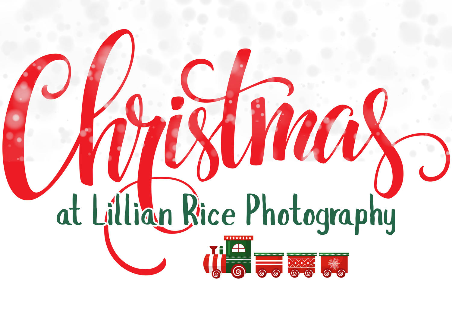 Christmas at Lillian Rice Photography festive logo with red script lettering and a colorful holiday train illustration.