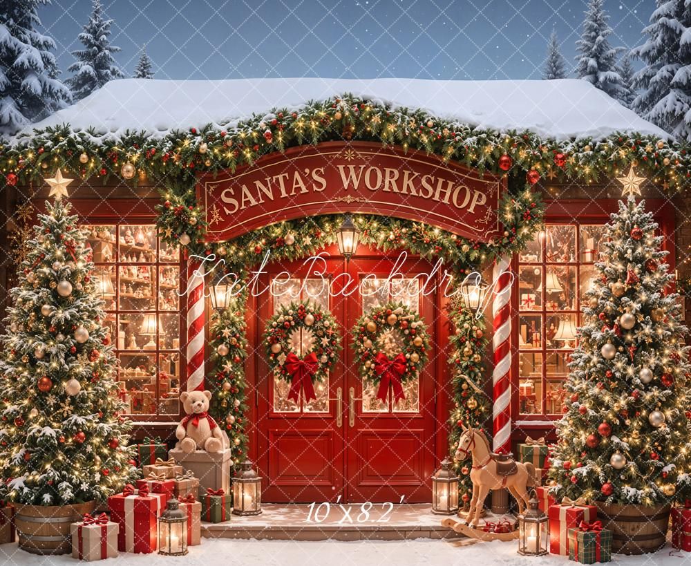 Festive Santa's Workshop storefront with decorated Christmas trees, wreaths, candy canes, and wrapped gifts in snowy setting.